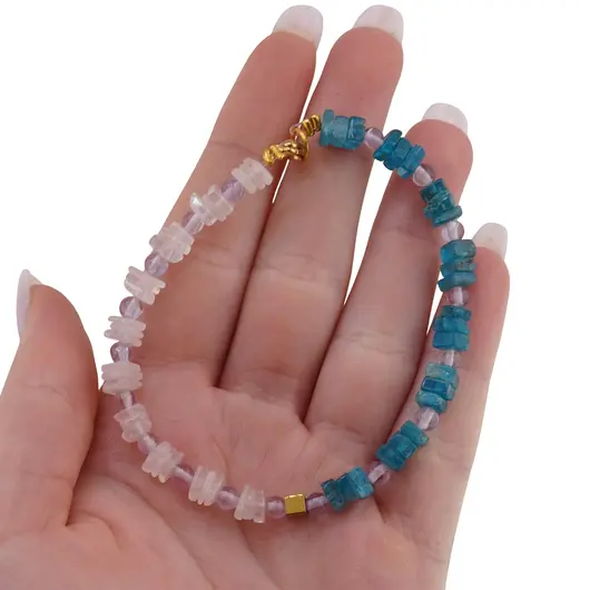 Bratara Apatit cu Cuart roz patratele 5mm, Ametist sfere 4mm si Hematit auriu cub 4mm, imagine 3