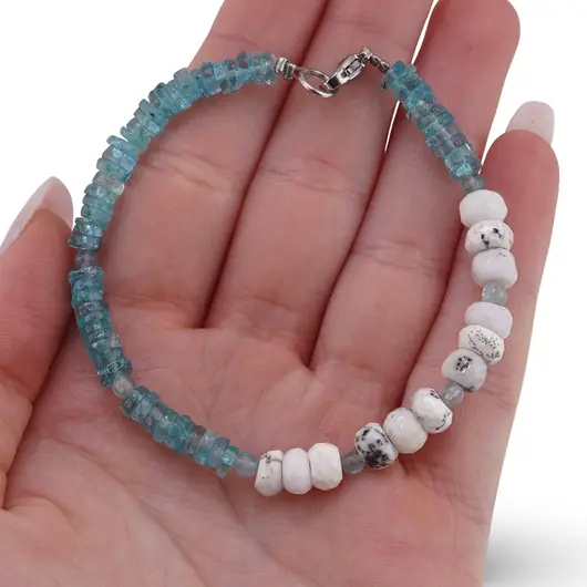 Bratara Apatit sfere si discuri 3-5mm cu Opal dendritic discuri fatetate 6mm, imagine 3