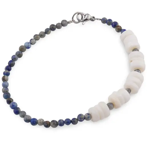 Bratara Opal alb discuri 6-7mm si Lapis Lazuli sfere 3mm