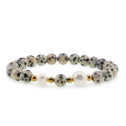 Bratara pe elastic Perle de cultura, bumbi aurii si Jasp dalmatian sfere 8mm, imagine 2