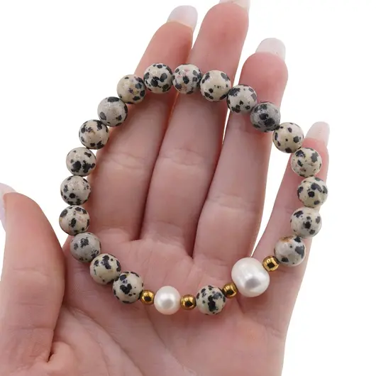 Bratara pe elastic Perle de cultura, bumbi aurii si Jasp dalmatian sfere 8mm, imagine 3