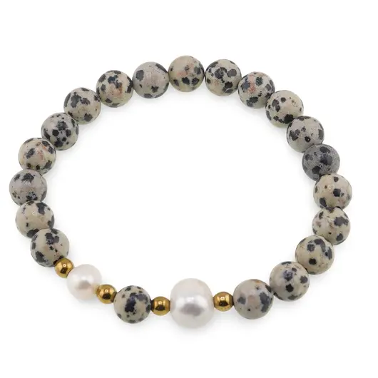 Bratara pe elastic Perle de cultura, bumbi aurii si Jasp dalmatian sfere 8mm