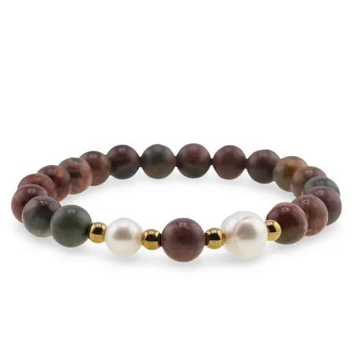 Bratara pe elastic Perle de cultura, bumbi aurii si Jasp oceanic sfere 8mm, imagine 2