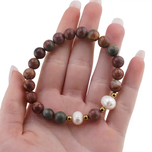 Bratara pe elastic Perle de cultura, bumbi aurii si Jasp oceanic sfere 8mm, imagine 3