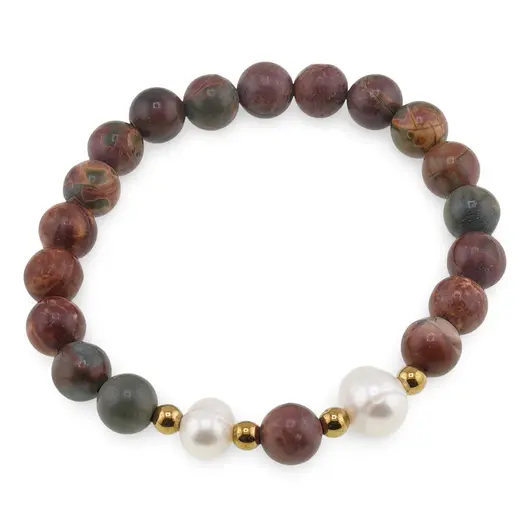 Bratara pe elastic Perle de cultura, bumbi aurii si Jasp oceanic sfere 8mm