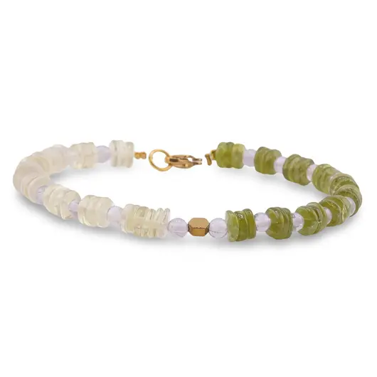 Bratara Peridot si Prasiolit discuri 6mm, Ametist sfere 4mm si Hematit auriu 4mm, imagine 2