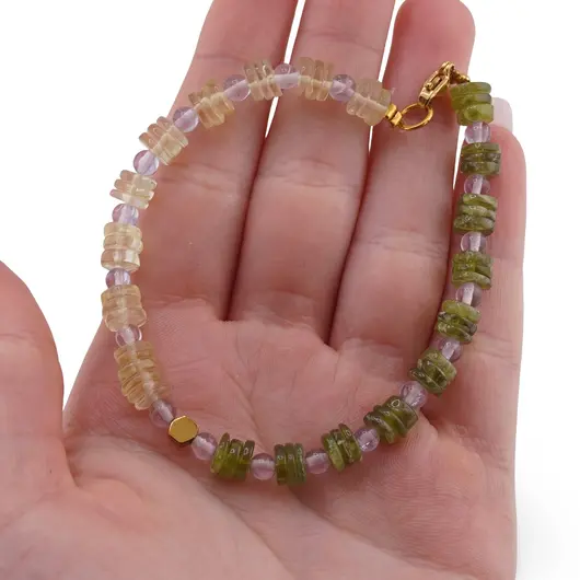 Bratara Peridot si Prasiolit discuri 6mm, Ametist sfere 4mm si Hematit auriu 4mm, imagine 3