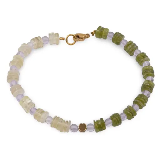 Bratara Peridot si Prasiolit discuri 6mm, Ametist sfere 4mm si Hematit auriu 4mm