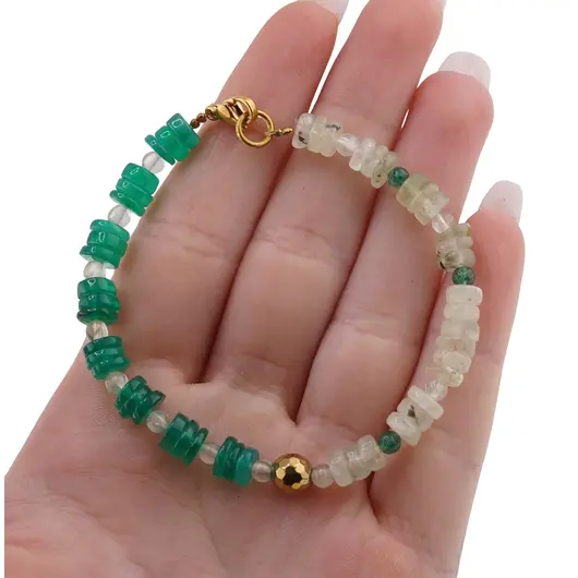 Bratara Prehnit si Onix verde discuri 5-6mm, Aventurin cu Prehnit sfere 3mm si Hematit auriu sfera fatetata 6mm, imagine 3