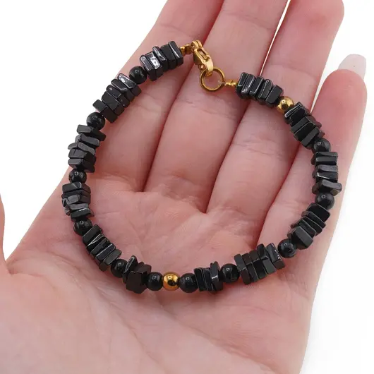 Bratara Turmalina neagra sfere si patratele 4-5mm cu bumbi aurii, imagine 3