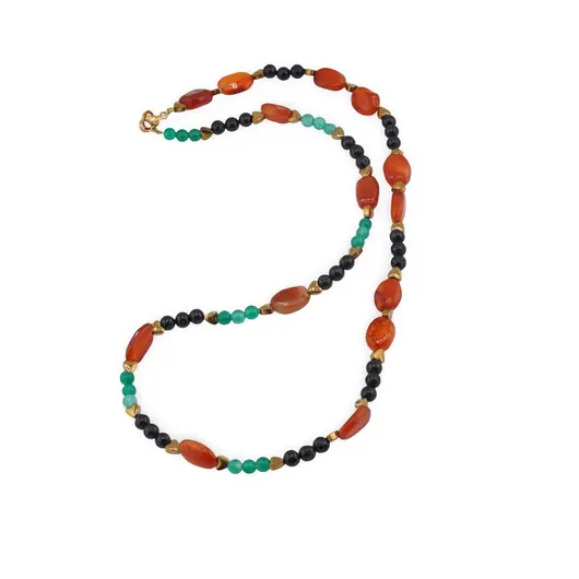 Colier Carneol neuniform 8-15mm, Onix verde si Turmalina neagra sfere 4mm cu Hematit auriu inimi 4mm