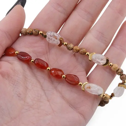 Colier Carneol si Cristal de Stanca neuniform 10-15mm, Jasp peisaj sfere 4mm si Hematit auriu 6mm, imagine 3