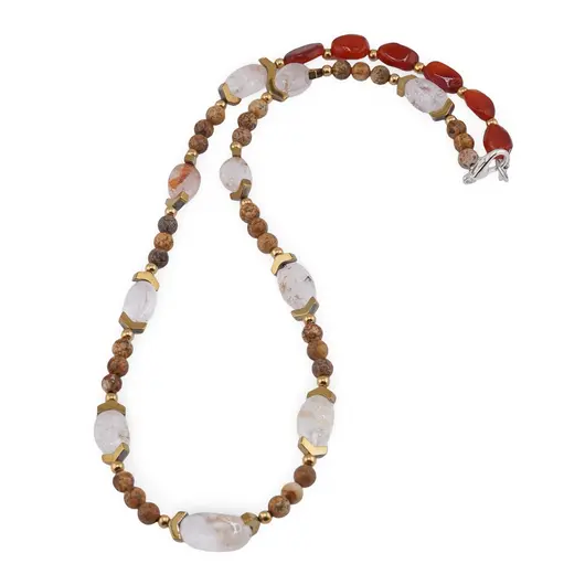 Colier Carneol si Cristal de Stanca neuniform 10-15mm, Jasp peisaj sfere 4mm si Hematit auriu 6mm