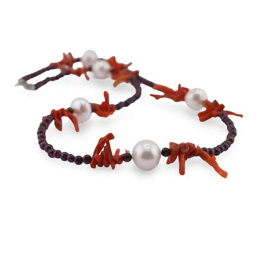 Colier Granat sfere 3mm, Perle de Cultura 10mm si Coral freeform 6-18mm, imagine 2