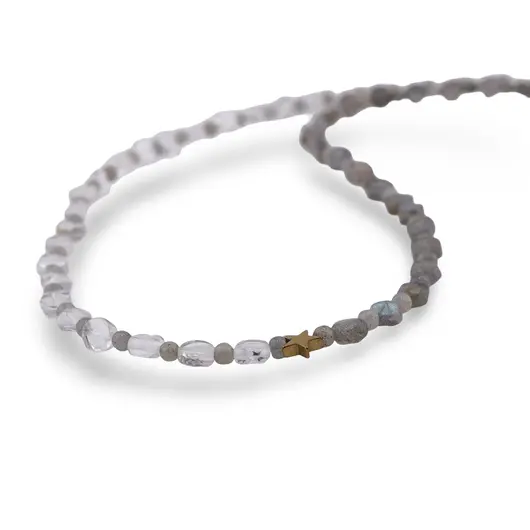 Colier Labradorit banuti 5mm, sfere 3mm si Cristal de stanca banuti 5mm si Hematit auriu steluta, imagine 2