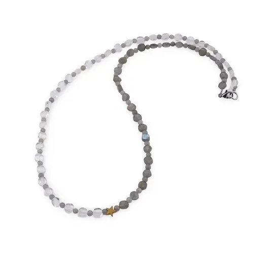 Colier Labradorit banuti 5mm, sfere 3mm si Cristal de stanca banuti 5mm si Hematit auriu steluta