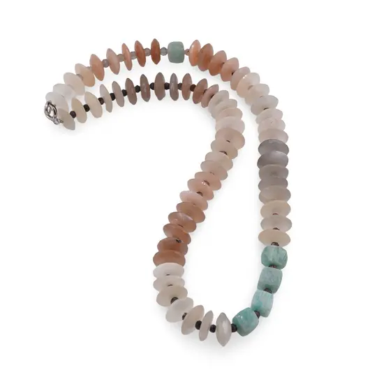 Colier Mix Piatra Lunii discuri fatetate 12mm, Amazonit cuburi fatetate 8mm, Rodonit si Labradorit discuri fatetate 3-4mm