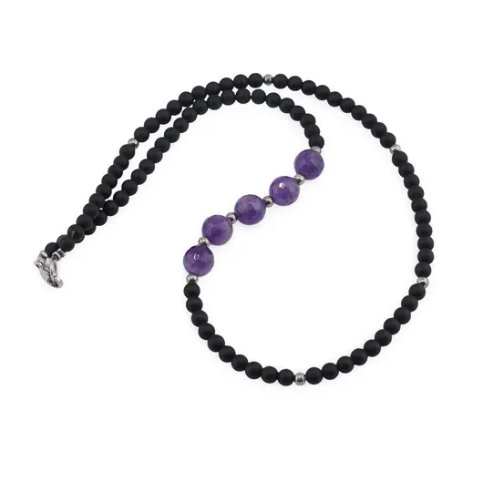 Colier Onix negru mat sfere 4mm si Ametist sfere fatetate 8mm