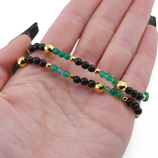 Colier Onix verde si Turmalina neagra sfere 4mm si Hematit auriu sfere fatetate 6mm, imagine 3