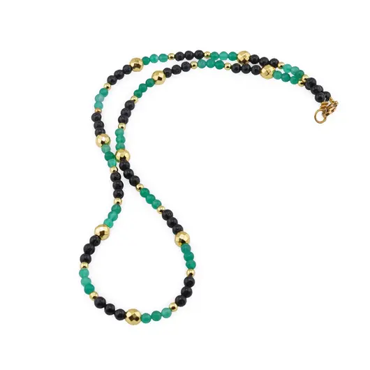 Colier Onix verde si Turmalina neagra sfere 4mm si Hematit auriu sfere fatetate 6mm