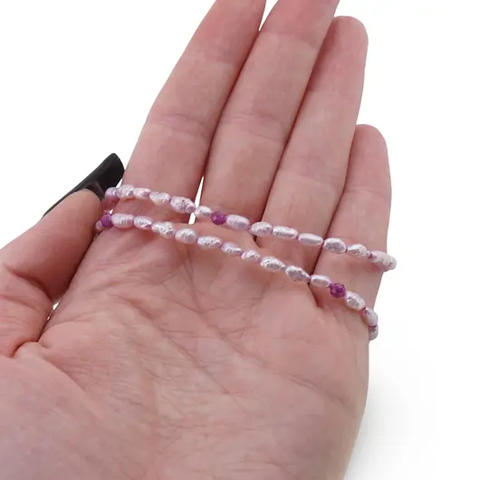 Colier Perle de cultura lunguiete roz 3-6mm si Rubin sfere fatetate 3mm, imagine 3