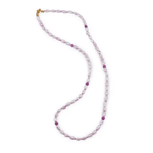 Colier Perle de cultura lunguiete roz 3-6mm si Rubin sfere fatetate 3mm