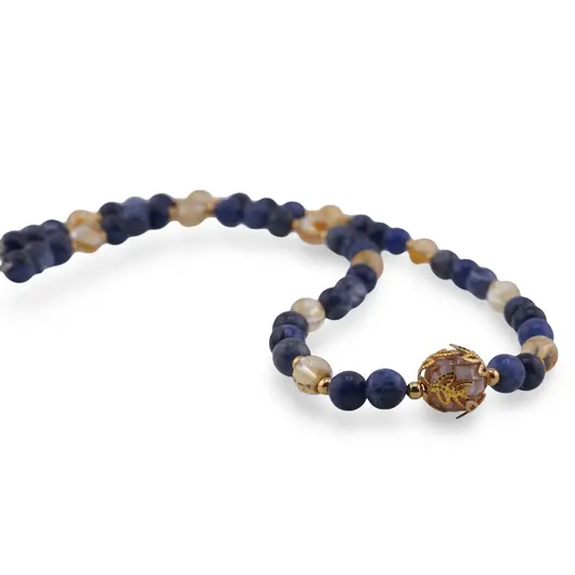 Colier Sodalit si Citrin sfere 6mm cu sfera din Sidef 10mm cu flori si bumbi aurii, imagine 2