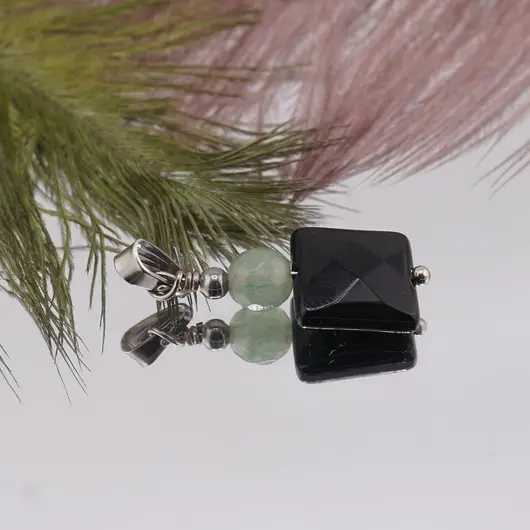 Pandantiv Onix patrat fatetat 10mm si Aventurin sfera fatetata 6mm, imagine 2