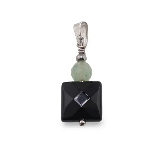 Pandantiv Onix patrat fatetat 10mm si Aventurin sfera fatetata 6mm