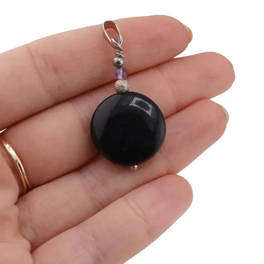 Pandantiv Onix rotund 20mm, Ametist sfera 3mm si bumbi argintii, imagine 3
