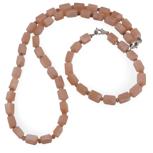 Set colier si bratara Piatra lunii piersica fatetat 8-10mm si discuri fatetate 4mm