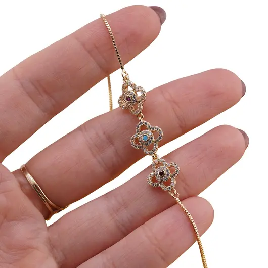 Bratara Cupru placat cu aur galben 18k, cu charmuri trifoi si zirconii, imagine 3