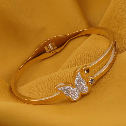 Bratara Cupru placat cu aur galben 18k, cu fluture si zirconii centrale incrustate, imagine 2