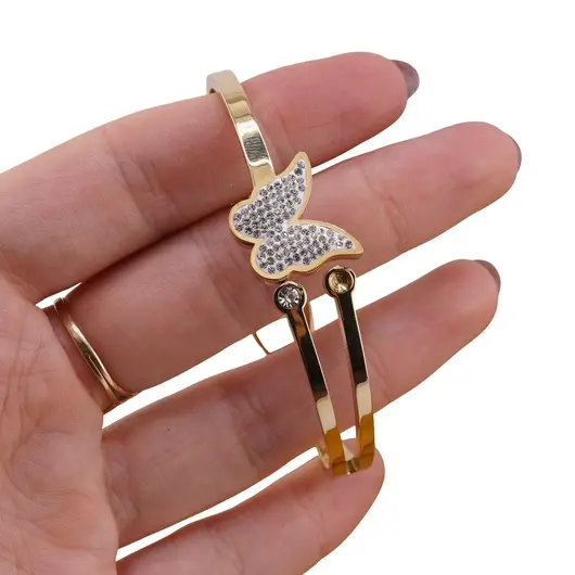 Bratara cupru placat cu aur galben 18k cu fluture si zirconii centrale incrustate, imagine 3
