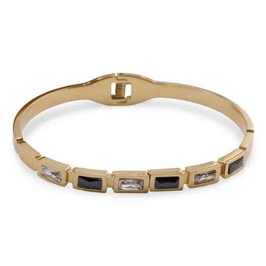 Bratara cupru placat cu aur galben 18k cu zirconii dreptunghiulare baguette albe si negre