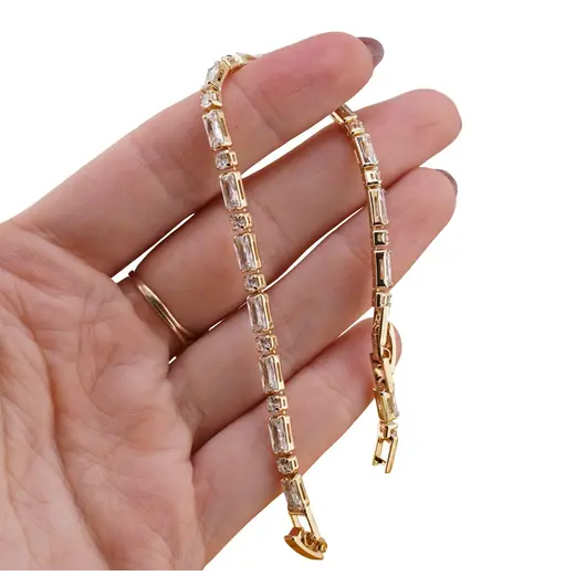 Bratara cupru placat cu aur galben 18k, cu zirconii rotunde si dreptunghiulare, imagine 3