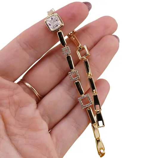 Bratara Cupru placat cu aur galben 18k, cu zirconii si element central patrat, imagine 3
