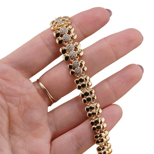 Bratara Cupru placat cu aur galben 18k, model floral si zirconii incrustate, imagine 3