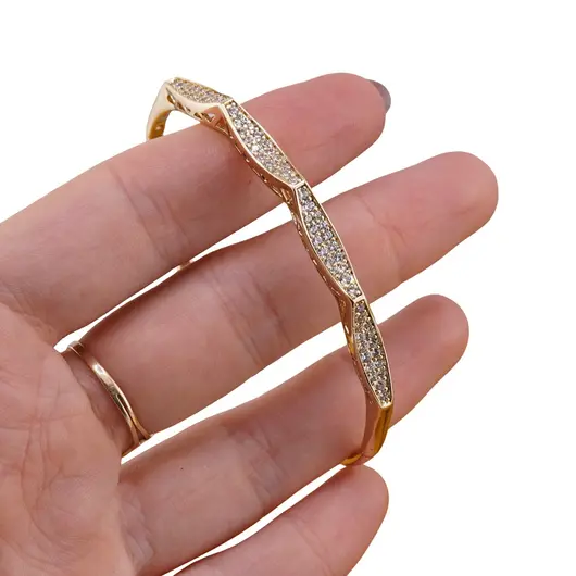 Bratara cupru placat cu aur galben 18k model valuri si zirconii, imagine 3