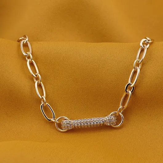Bratara Cupru placat cu aur galben 18k, reglabila, cu zale mari si charm cu zirconii, imagine 2