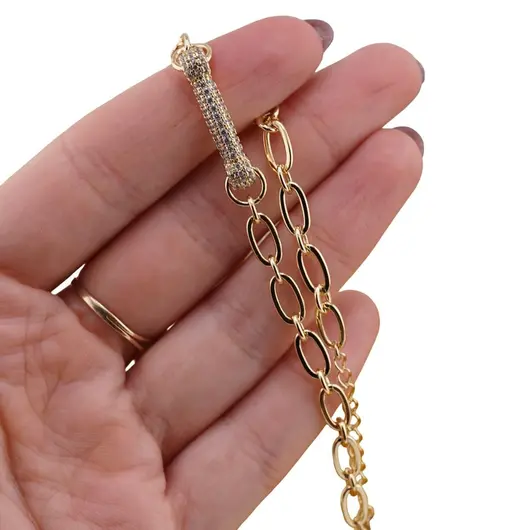 Bratara Cupru placat cu aur galben 18k, reglabila, cu zale mari si charm cu zirconii, imagine 3