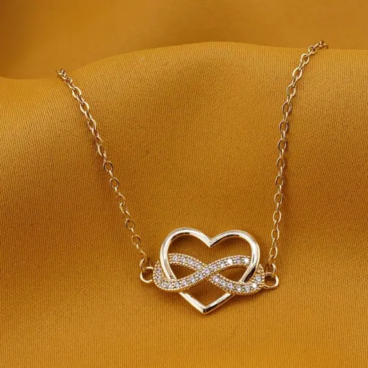 Bratara Cupru placat cu aur galben 18k, reglabila, cu zale mici, charm infinit si inima cu zirconii, imagine 2