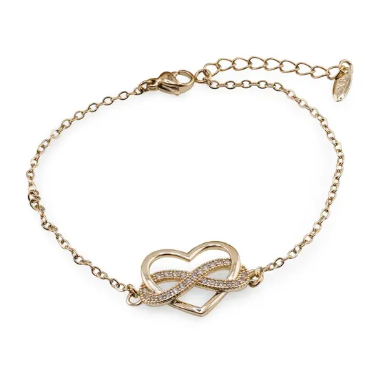 Bratara Cupru placat cu aur galben 18k, reglabila, cu zale mici, charm infinit si inima cu zirconii