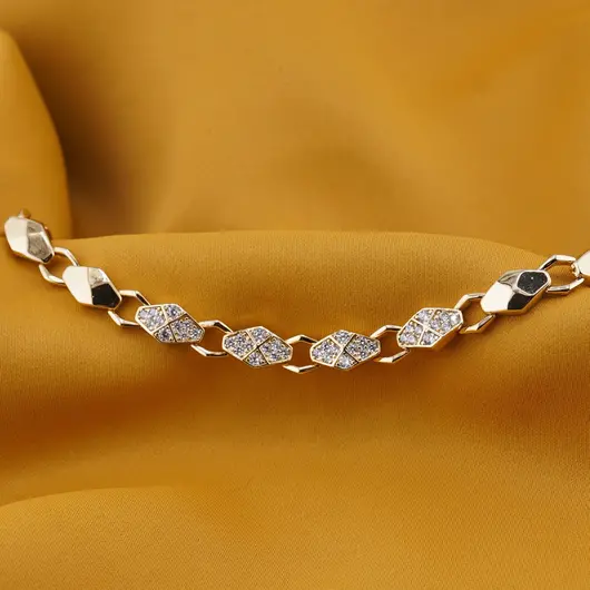 Bratara Cupru placat cu aur galben 18k, rombica cu zirconii, imagine 2