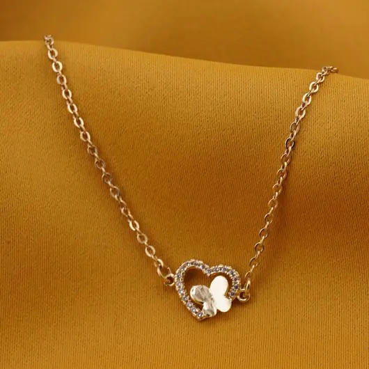 Bratara Cupru placat cu aur galben 18k, zale mici, charm cu inima si fluture, imagine 2