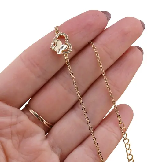 Bratara Cupru placat cu aur galben 18k, zale mici, charm cu inima si fluture, imagine 3
