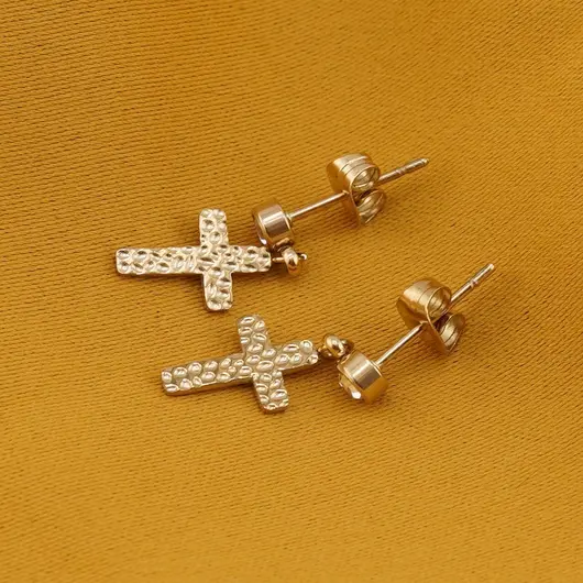 Cercei cupru placat cu aur galben 18k cruce texturata si zirconii, imagine 2