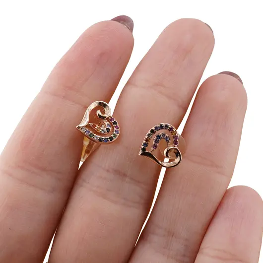 Cercei cupru placat cu aur roz 18k inimioare multicolore, imagine 3