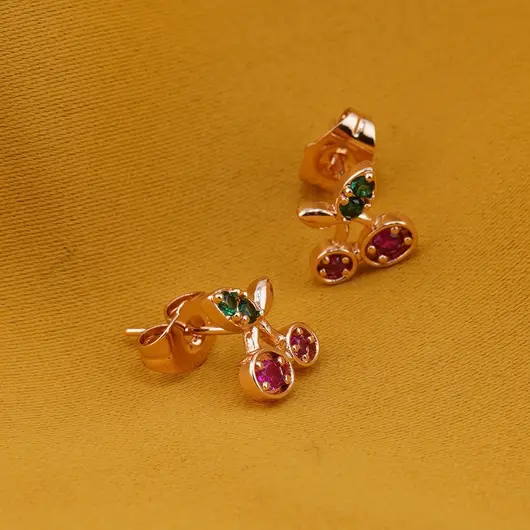 Cercei cupru placat cu aur roz 18k model cirese cu zirconi colorate, imagine 2
