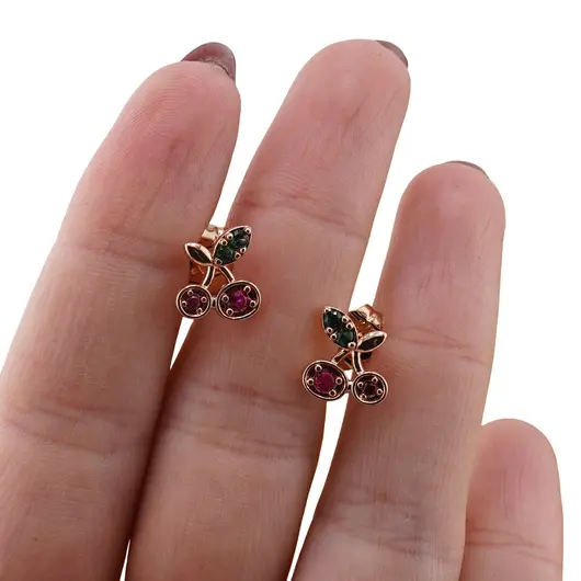 Cercei cupru placat cu aur roz 18k model cirese cu zirconi colorate, imagine 3
